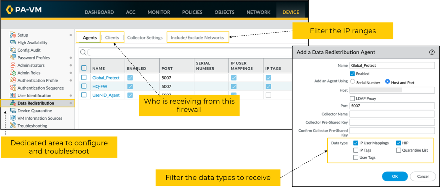 Data redistribution agents on the receiving firewall, with the data types to accept.