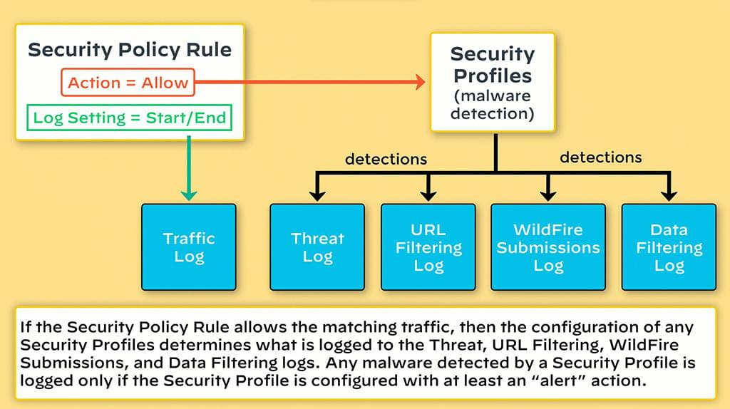 Which logs are produced: a Security rule with Log at Session Start/End writes traffic logs, and attached Security Profiles write threat, URL filtering, WildFire submissions and data filtering logs. Malware is logged only when the profile action is at least alert.