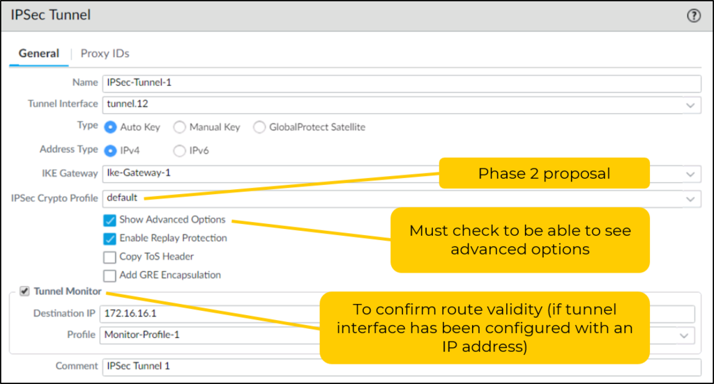 IPSec Tunnel: tunnel interface, IKE gateway, IPSec profile, and an optional tunnel monitor.