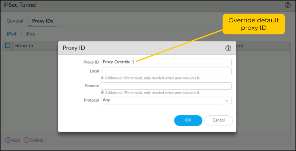 Proxy IDs: override the default proxy ID when the peer needs specific local and remote networks.