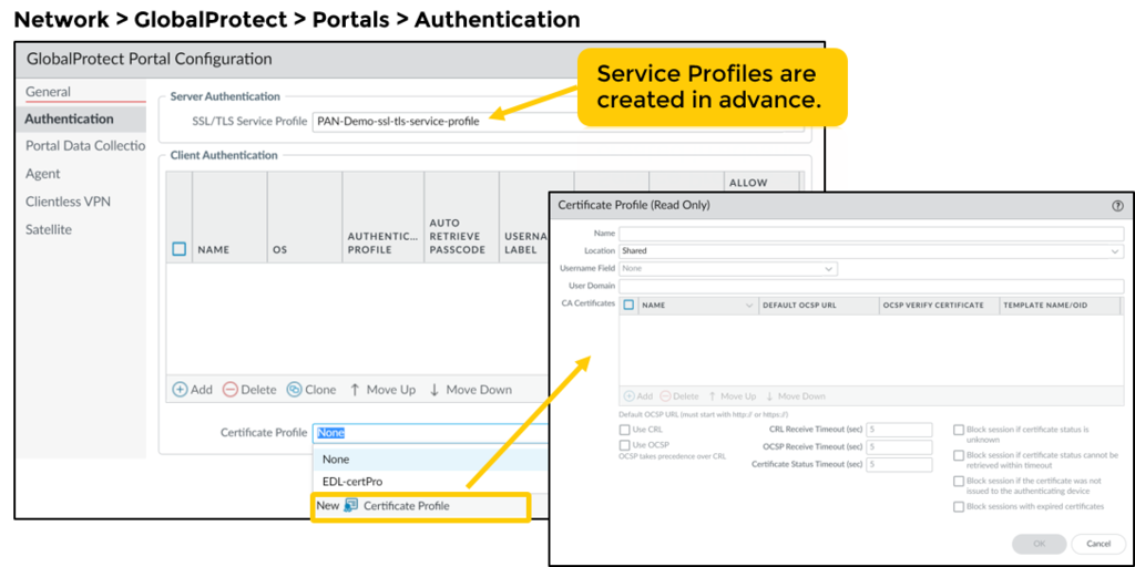 Portal authentication: SSL/TLS service profile and client authentication. Service profiles are created in advance.