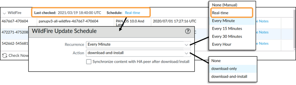 WildFire update schedule: real-time or every minute to hour, with a download-and-install action.