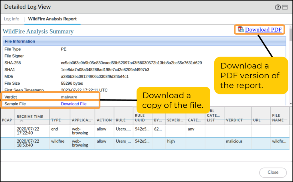 WildFire Analysis Summary in the detailed log: verdict, downloadable PDF report and file.