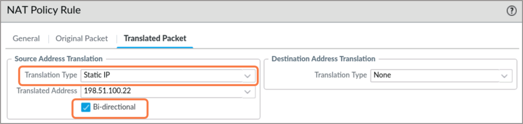 Static NAT: source translation type Static IP with Bi-directional enabled.