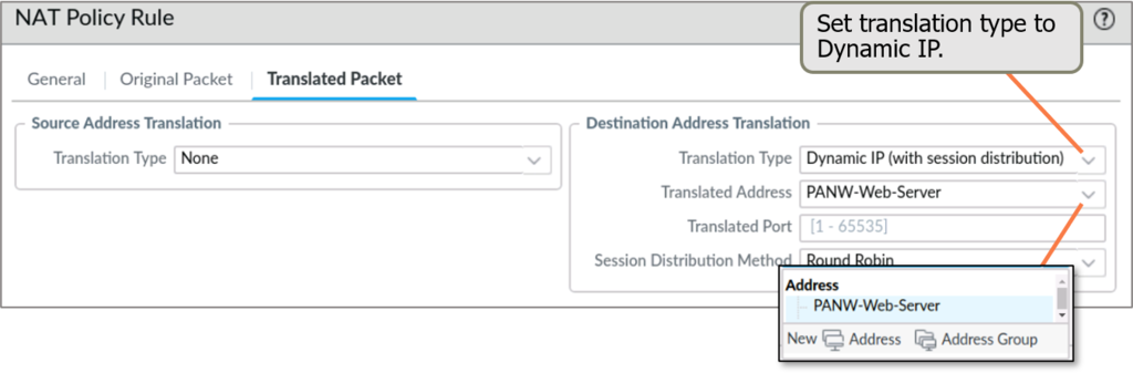 Destination NAT to a server address object using Dynamic IP with session distribution.