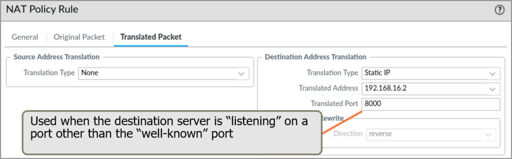 Destination NAT with a translated port, used when the server listens on a non-well-known port.