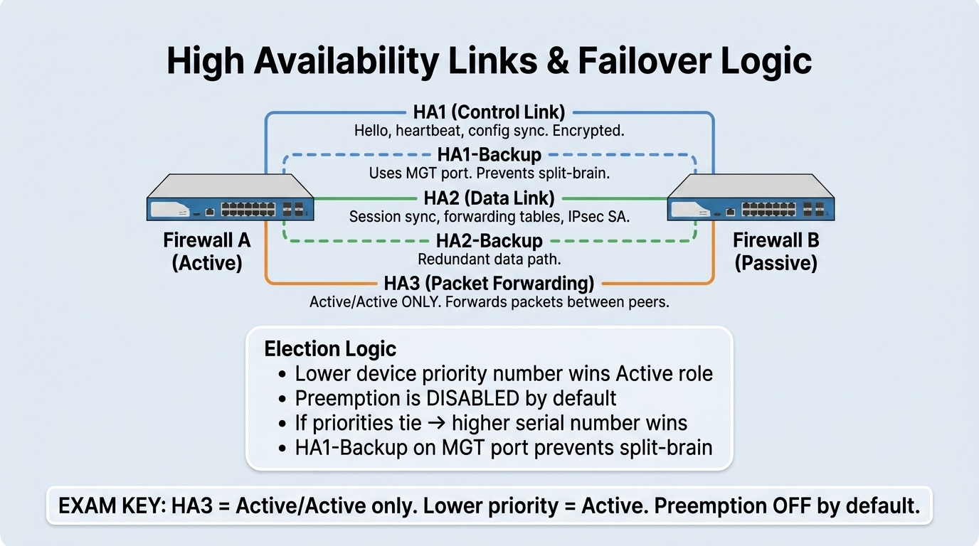 Palo Alto Networks High Availability Architecture Mental Model showing Active/Passive roles, HA1, HA1 Backup, HA2, HA3, and election rules