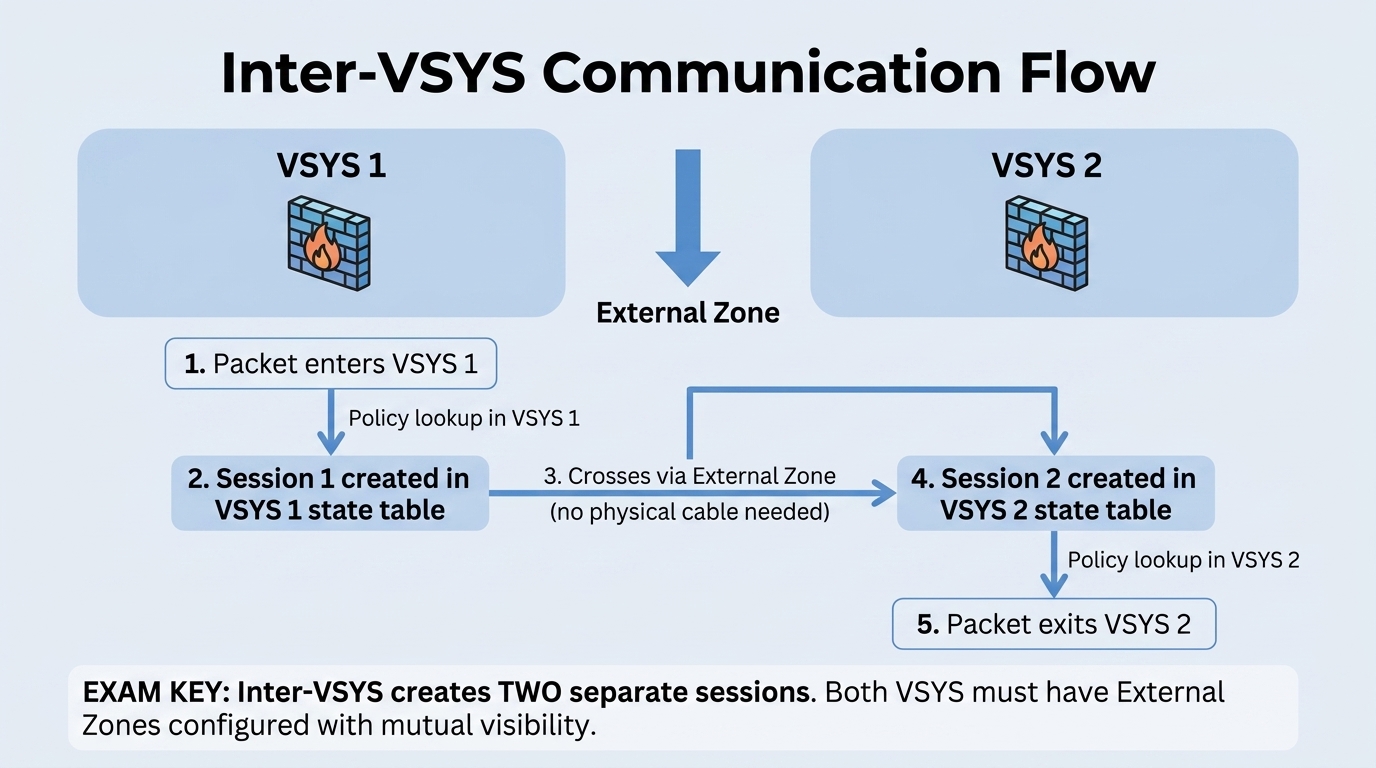 Palo Alto Networks Inter-VSYS Routing Mental Model showing VSYS 1, VSYS 2, External Zones, and Dual Sessions