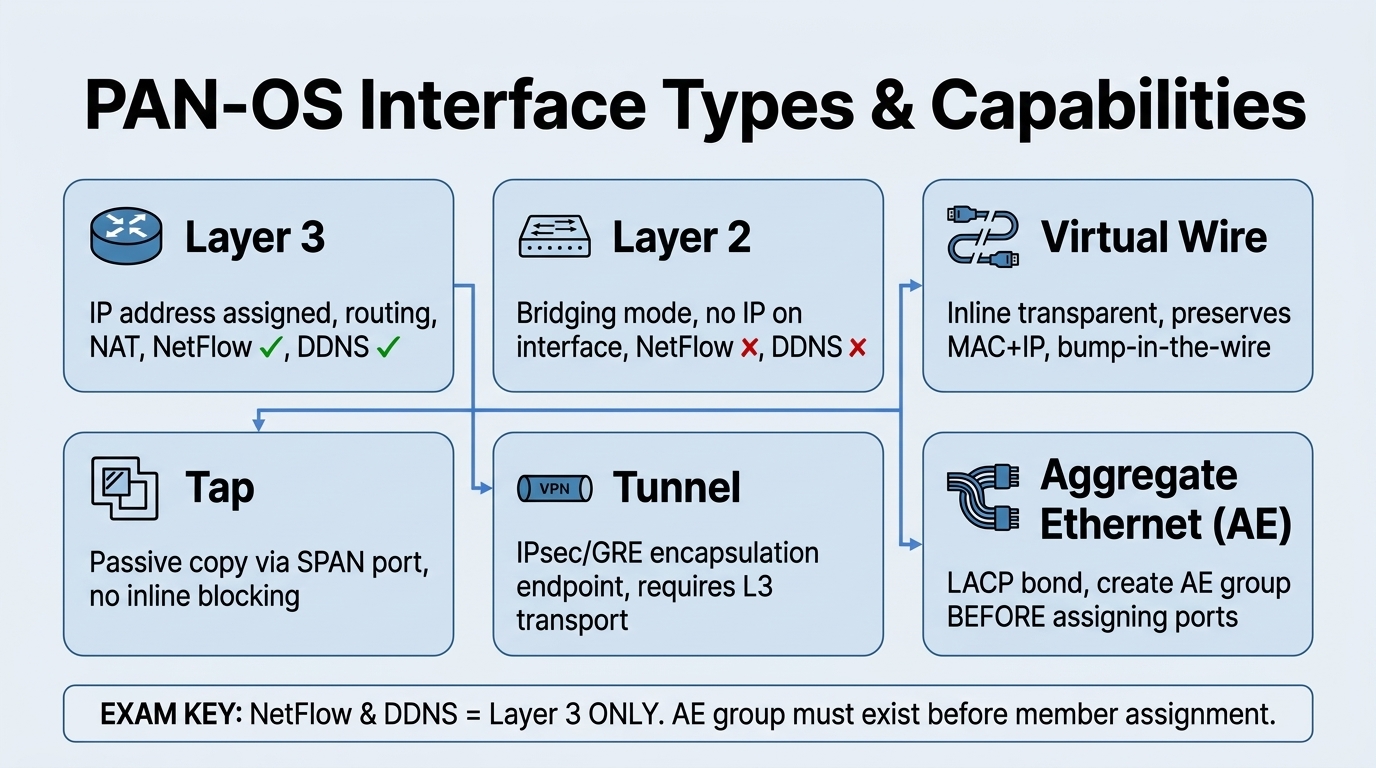 PAN-OS Interface Types Comparison Guide showing Layer 3, Layer 2, Virtual Wire, Tap, Tunnel, and Aggregate Ethernet