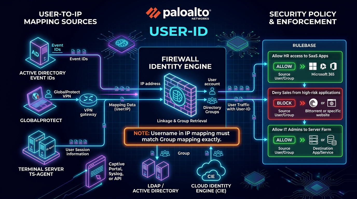Palo Alto Networks User-ID Identity Engine Architecture showing mapping sources, CIE integration, and exact username case-matching